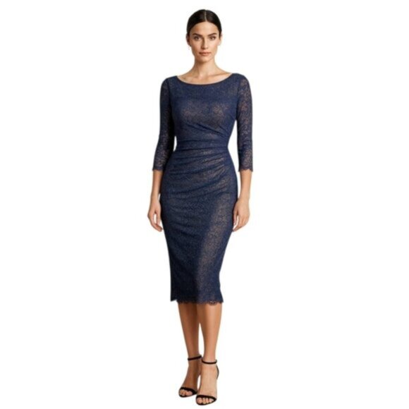 Reiss Dresses & Skirts - Reiss Dark Blue Lace Sheer Underlay Ruched Bodycon Midi Dress